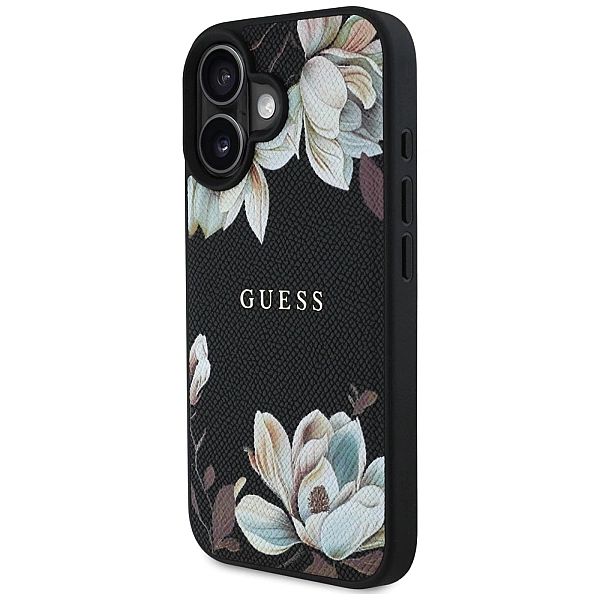Etui Guess Grained Printed Flower Pattern MagSafe do iPhone 16 czarny