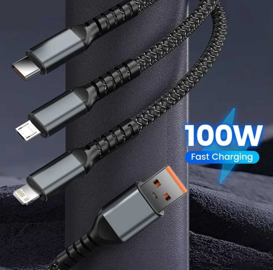 Kabel ładujący 100W 3w1 Micro USB C Lightning 1,2m