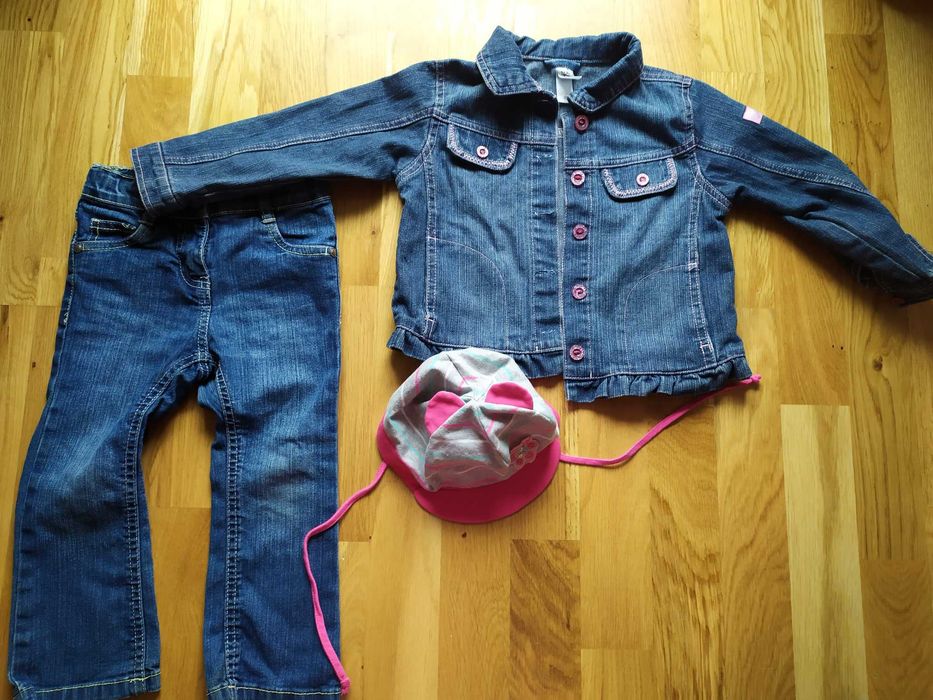 Zestaw kurtka jeansowa wiosenna spodnie i czapka