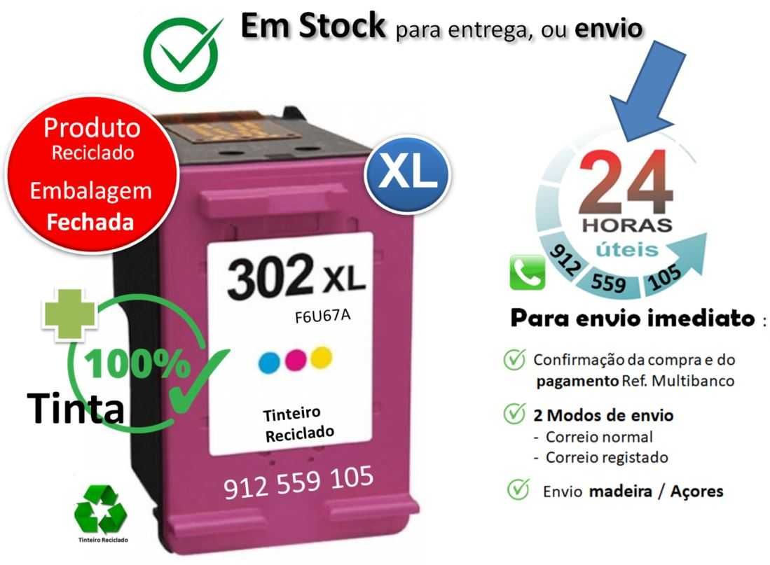 Tinteiro HP 302 XL reciclado Cores + 100% tinta