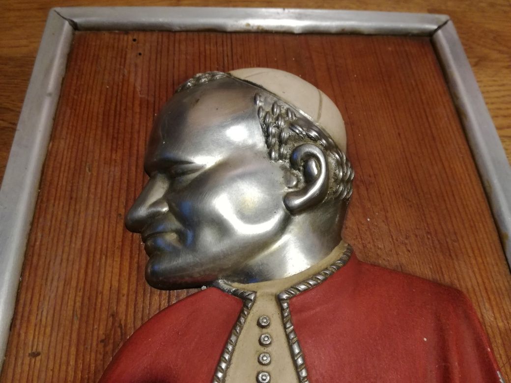 obraz prl płaskożeźba papież metal malowany