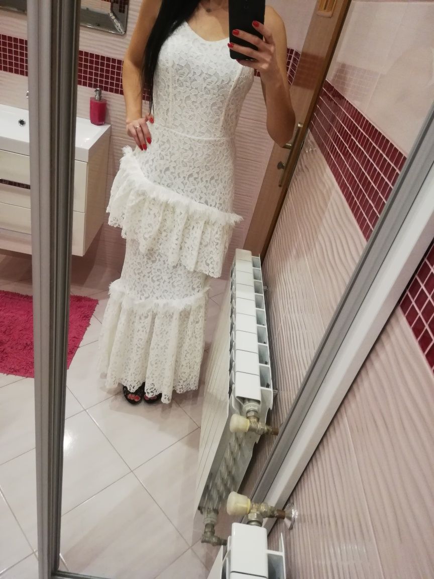 Nowa długa sukienka maxi 36 s biała suknia s/m hiszpanka koronkowa
