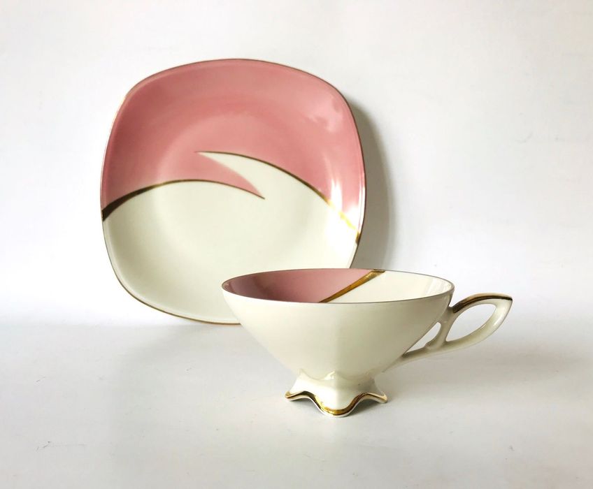 Duo śniadaniowe Mitterteich talerz filiżanka różowa lata 60.
