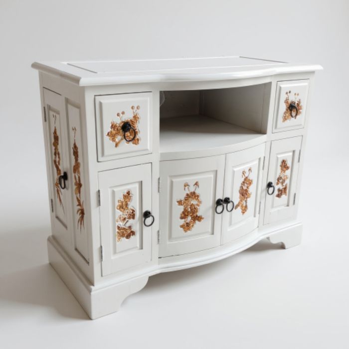 KOMODA DREWNIANA Z HEBANU – biała, rzeźbiona, unikat TV (89×65x43)