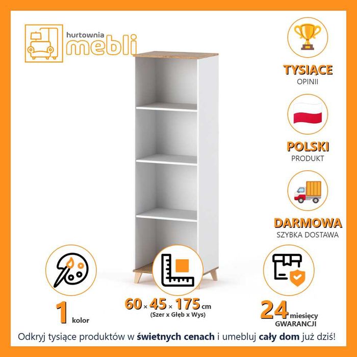 Regał Na Książki Do Salonu Sypialni Skandynawski Olivier 60cm 4 Półki