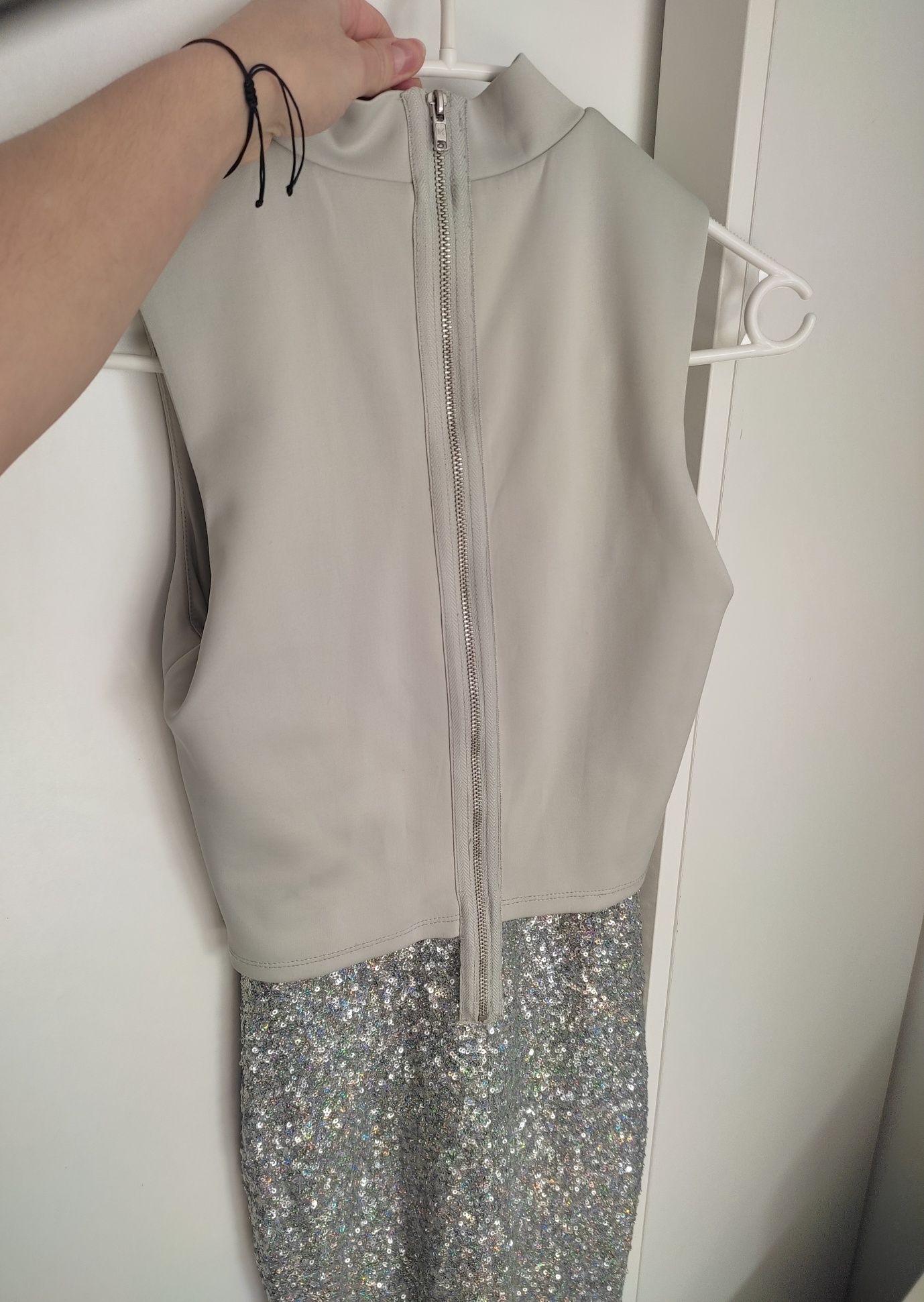 ASOS szaro srebrna sukienka maxi z cekinami efektowna S