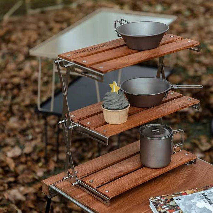 Przenośna, Składana Półka Kempingowa Stal Nierdzewna z Drewnem