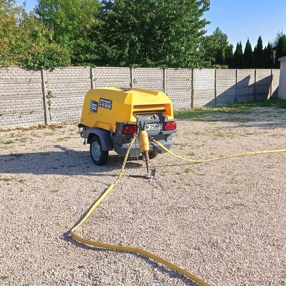 Sprężarka  śrubowa przewoźna ,młot wyburzeniowy Atlas Copco wynajem