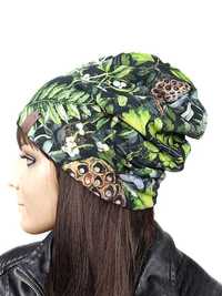 Nowa, bawełniana czapka damska nadruk leśna gęstwina