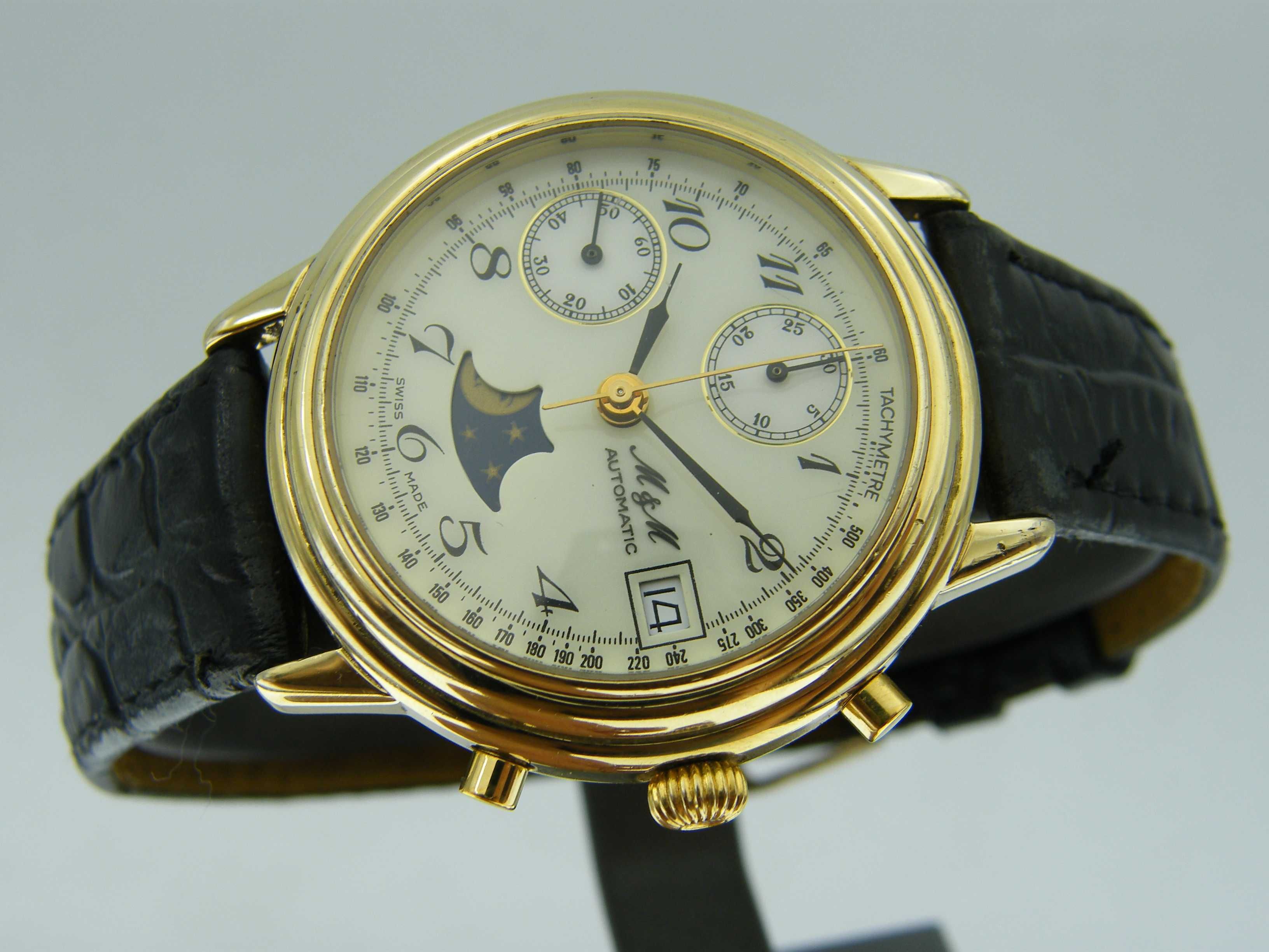 M & M Automatic Chronograph z Fazami Księżyca Cal.Valjoux 7758 Złocony
