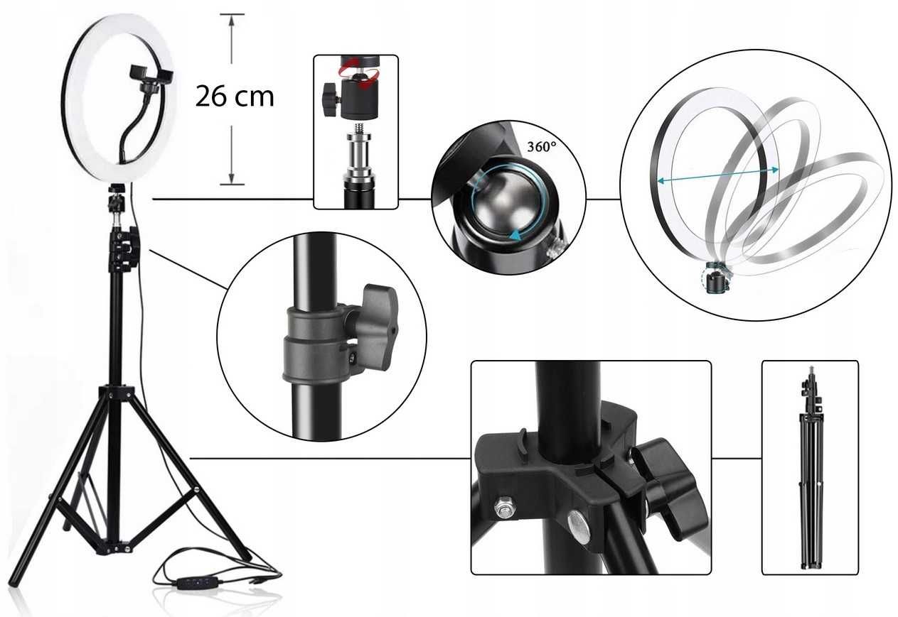 NOWA LAMPA Pierścieniowa LED RING 30cm SELFIE TikTok + STATYW 220cm