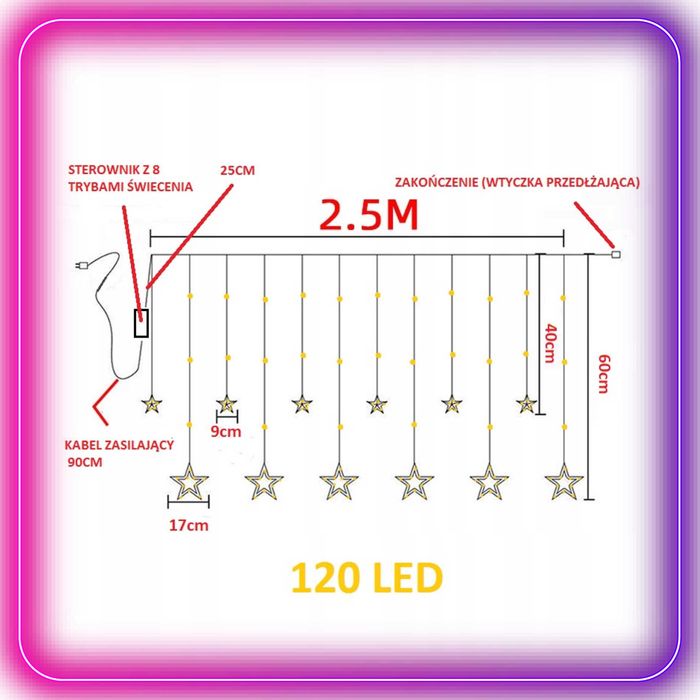 Kurtyna świetlna LED lampki świąteczne gwiazdy girlanda ciepła biel