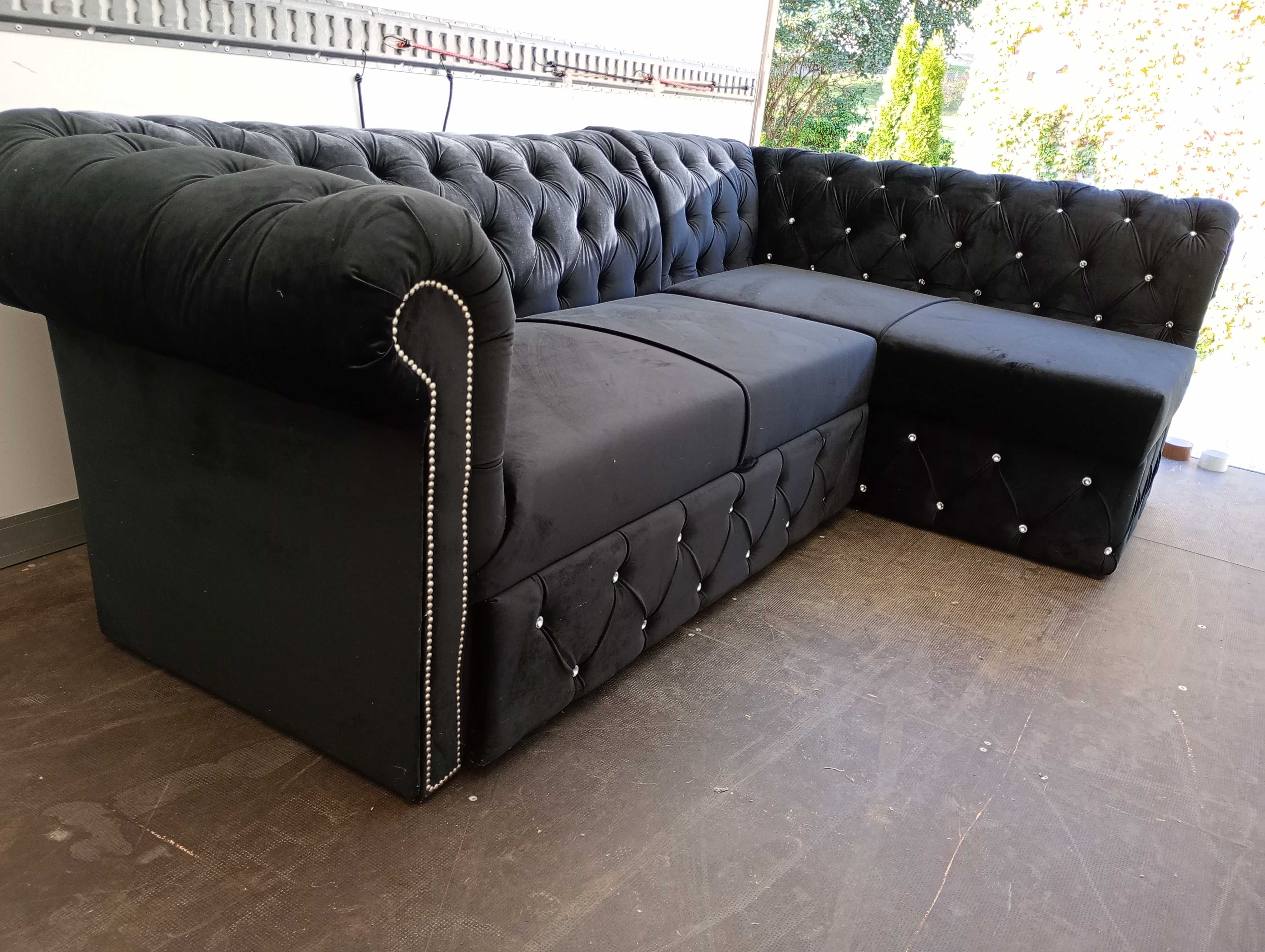 Narożnik czarny velur chesterfield 260x160 od ręki .rozkladany