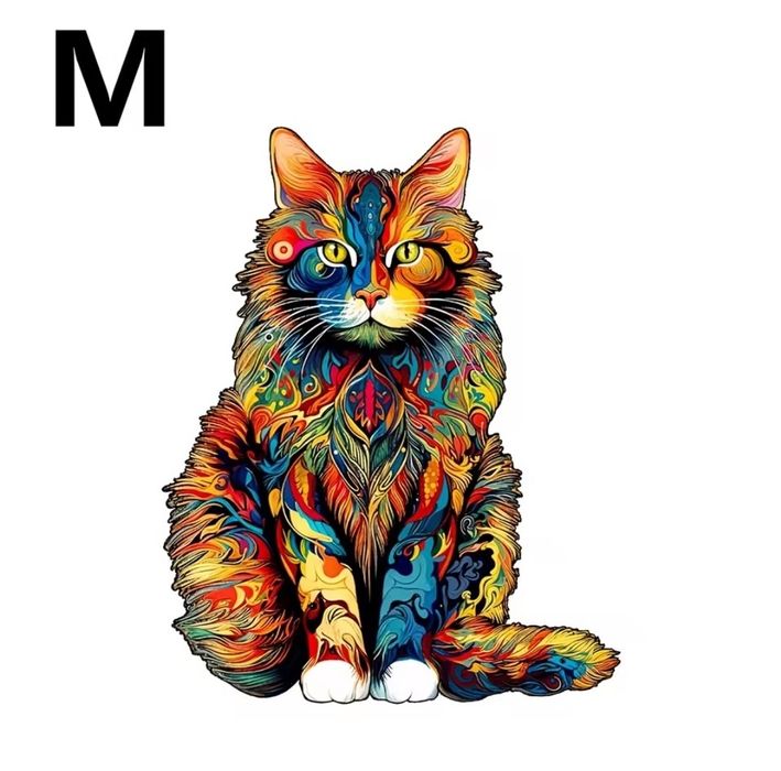 Drewniane Puzzle Artystyczne - Wielobarwny Kot (Rozmiar M)