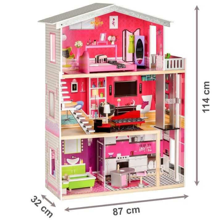ogromny drewniany domek Barbie z windą dla lalek