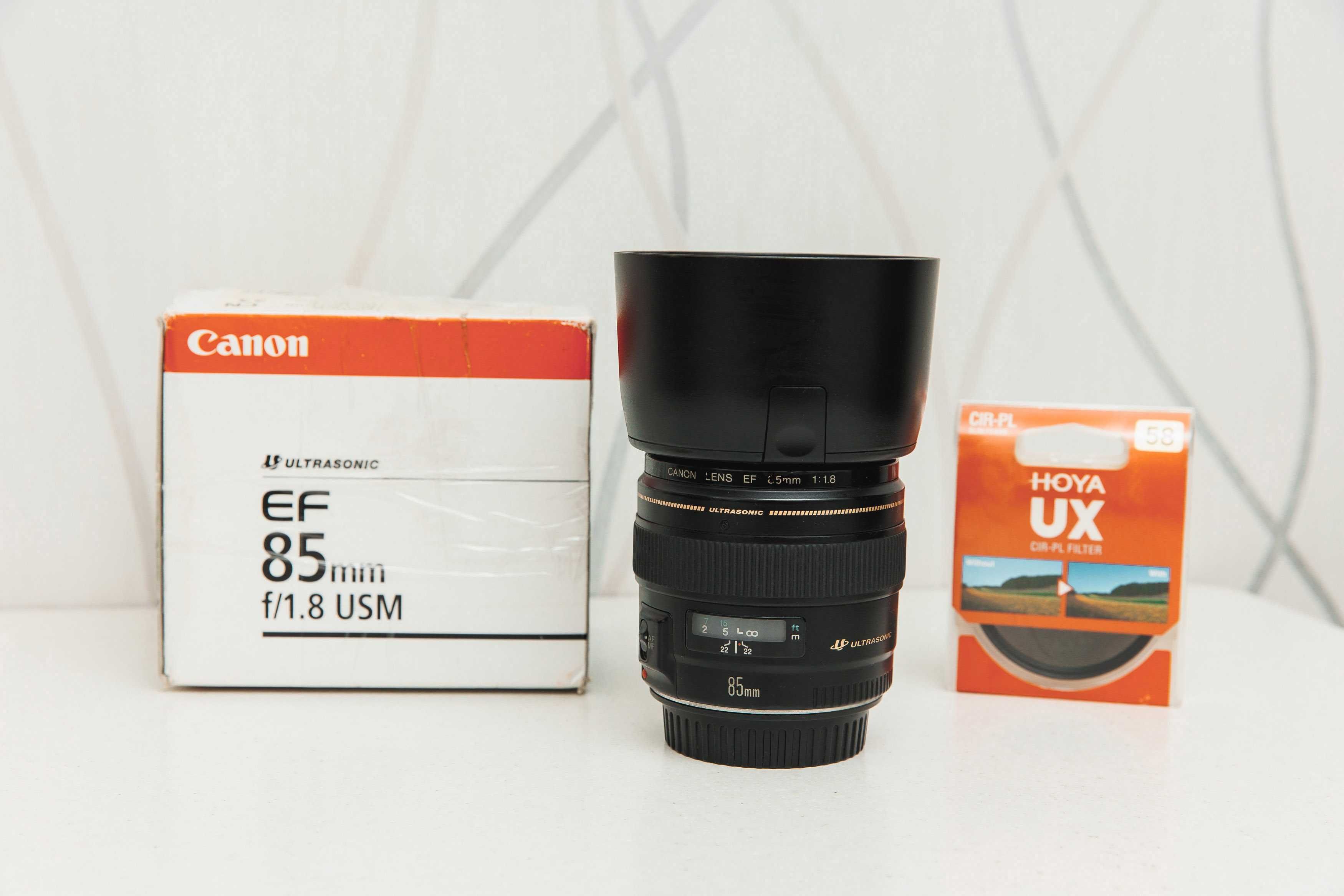 Canon EF 85mm f/1.8 + бленда, полярик и защитный фильтры