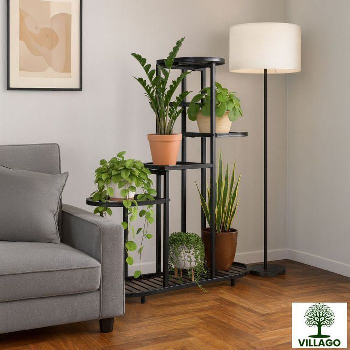 NOWY Kwietnik stojący 5-poziomowy czarny – metalowy loft, Villago Home