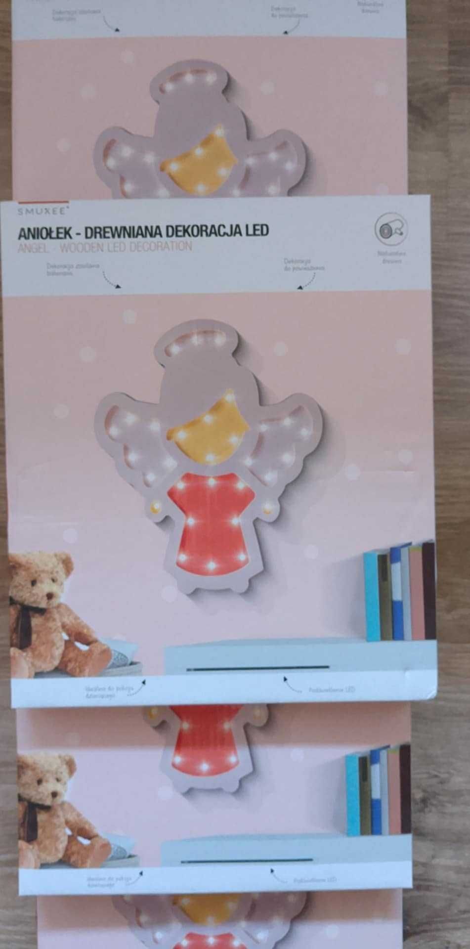 Drewniana Ozdoba Dekoracja świecąca ANIOŁEK lampka LED zestaw 5 szt