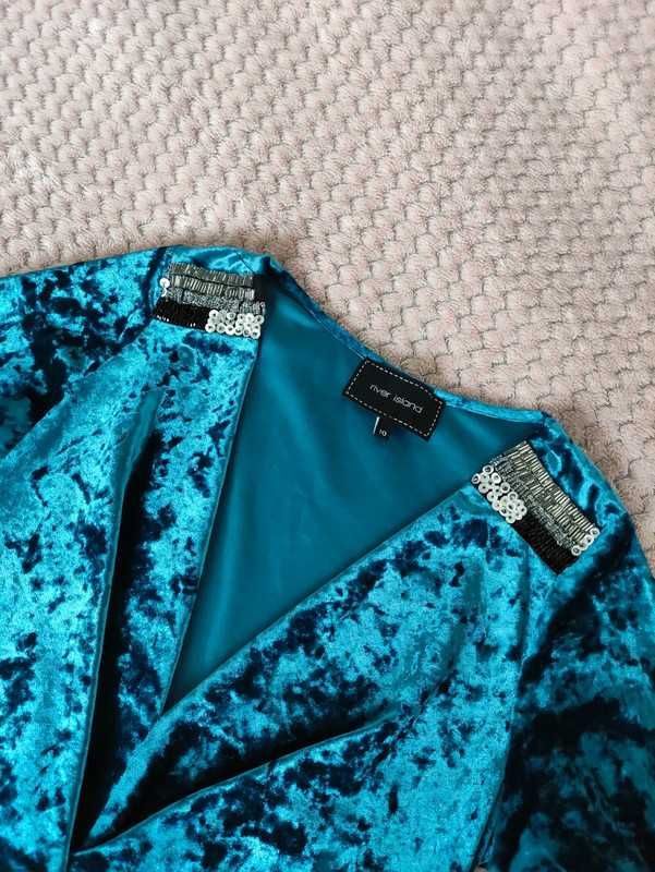 Sukienka welurowa niebieska zielona rozmiar S mini sexy vintage