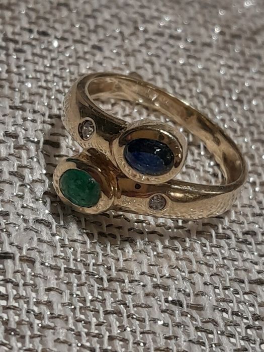 R.10 Pierścionek Szafir Szmaragd Diamenty Złoto 585