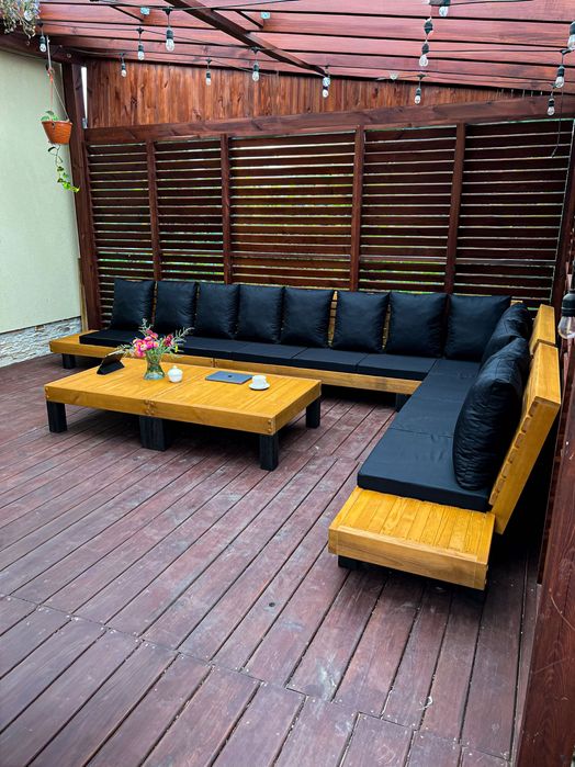 Narożnik ogrodowy sofa wypoczynek drewniany poduszki