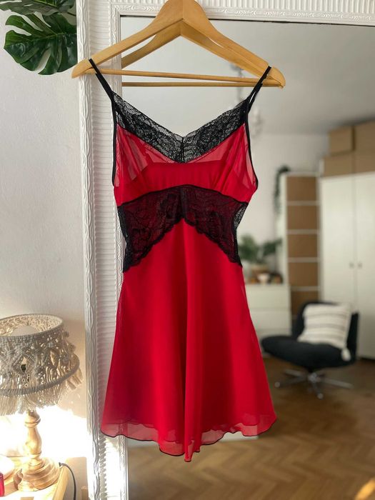 Koszulka nocna czerwona czarna koronka halka zmysłowa krótka S 36