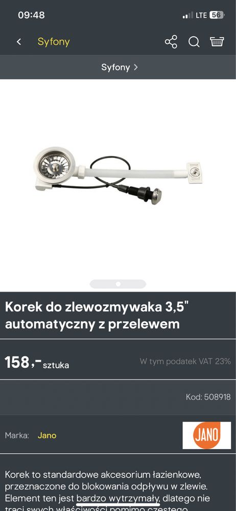 Korek syfon automatyczny do zlewozmywaka z przelewem uniwersalny.