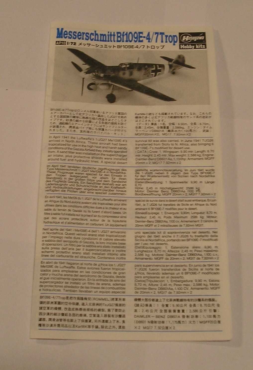model MESSERSCHMITT Bf109E - 4/9 TROP - skala 1:72 - HASEGAWA