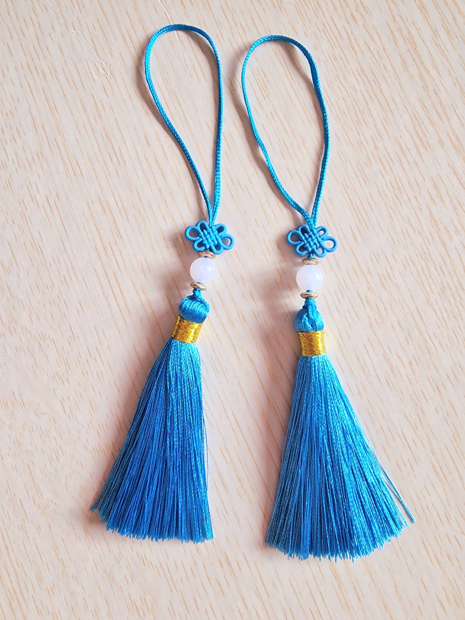 Conjunto Pendentes 2 Borlas Nó Chinês Azul Tassel