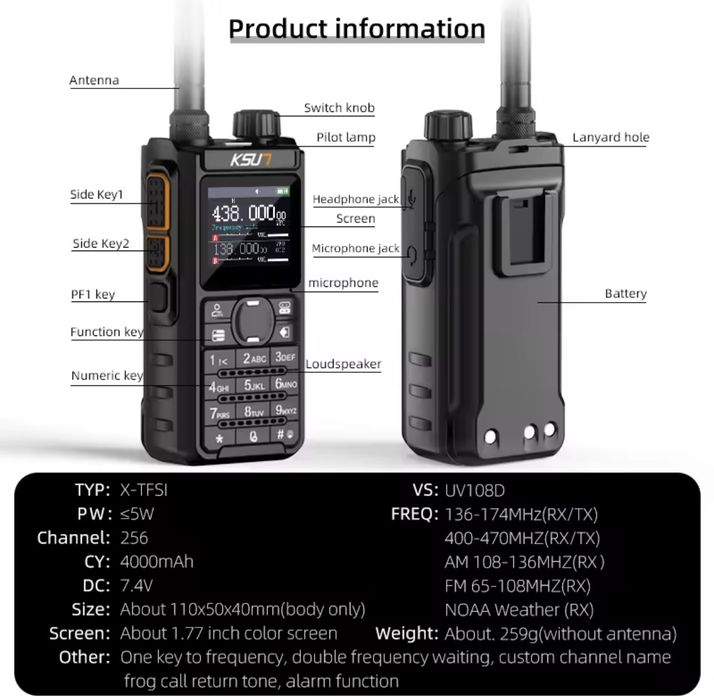 KSUN UV-108D Рація.Нова Full Band VHF UHF Avia AM, SatCom 4000mAh