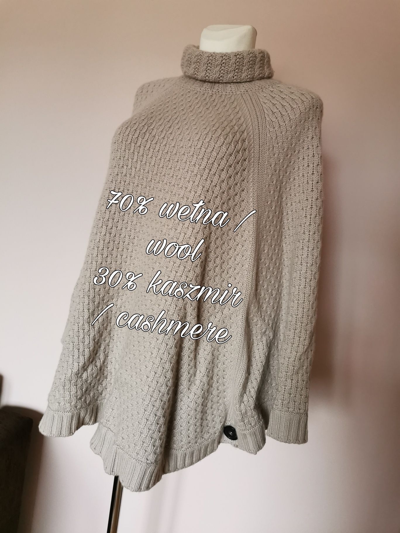 Pure collection wełniane ponczo wełna kaszmir kaszmirowe beżowe L XL