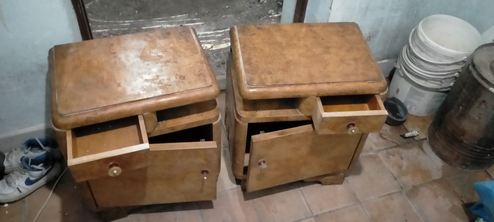 2 szafki nocne + stół vintage PRL| fornir czeczota + kolor czarny