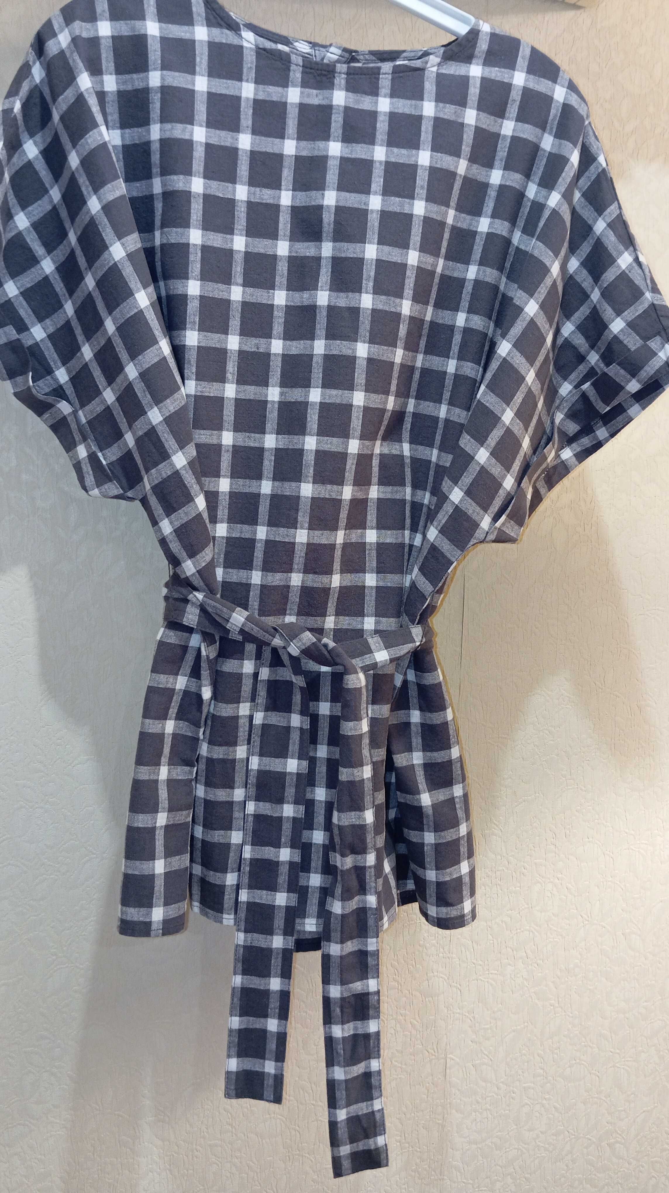Стильна блуза кімоно ZARA у клітинку, розмір XL, льон
