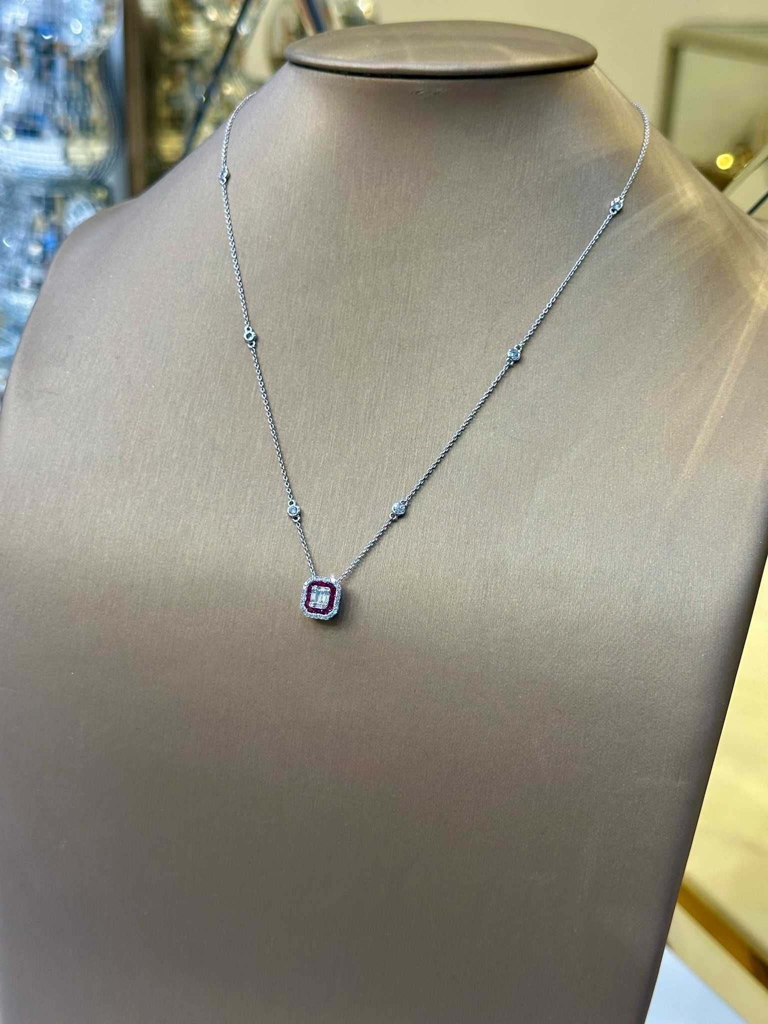 Naszyjnik wisiorek rubiny diamenty bagiety 0.85 Ct