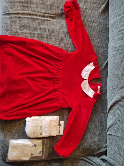 Zestaw - sukienka czerwona 104 cm, elegancka i rajstopki dziecięce,