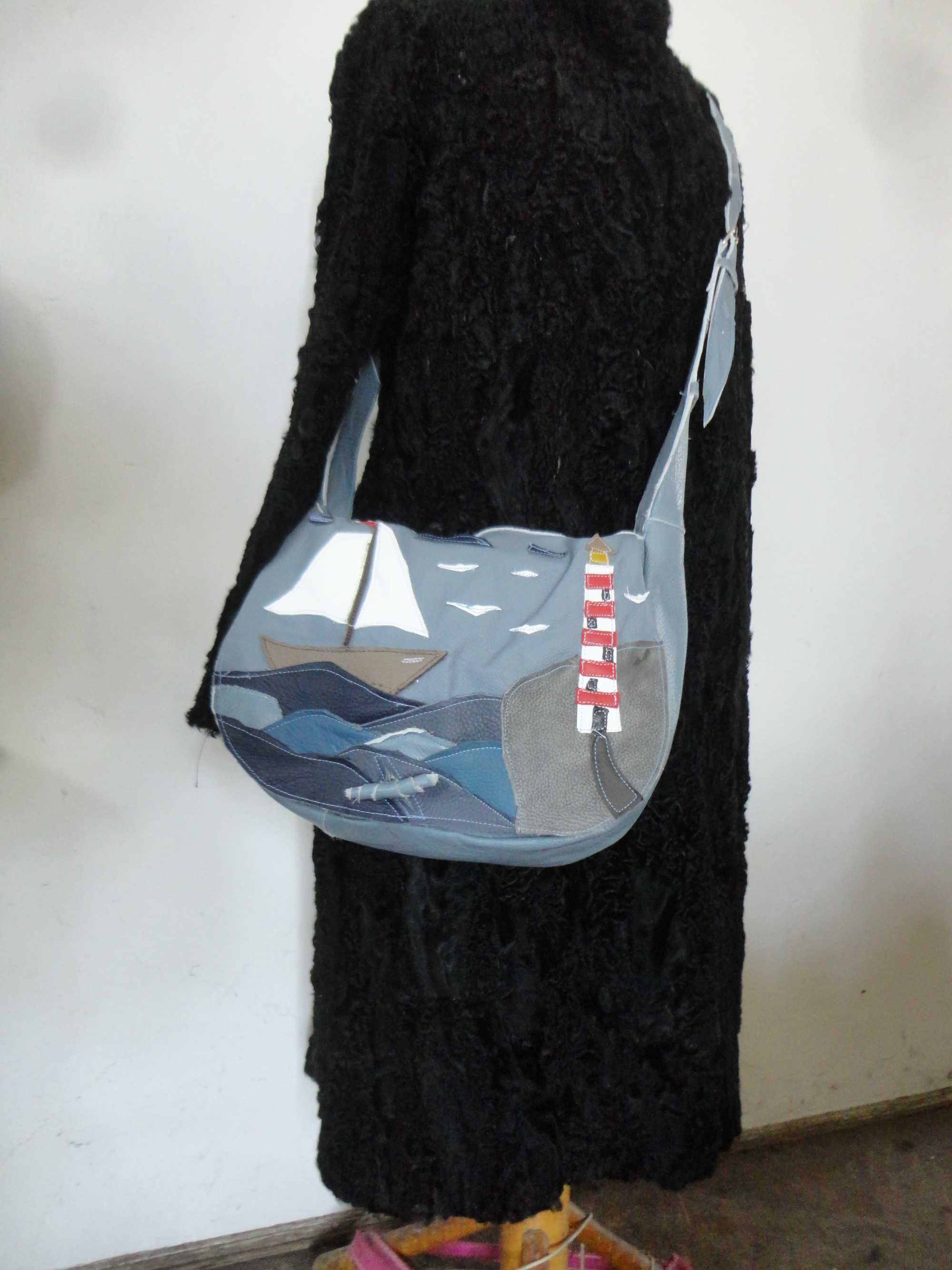 Artystyczna skórzana torba z żaglówką . Handmade