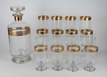 Garrafa com 12 copos em cristal - rebordo dourado