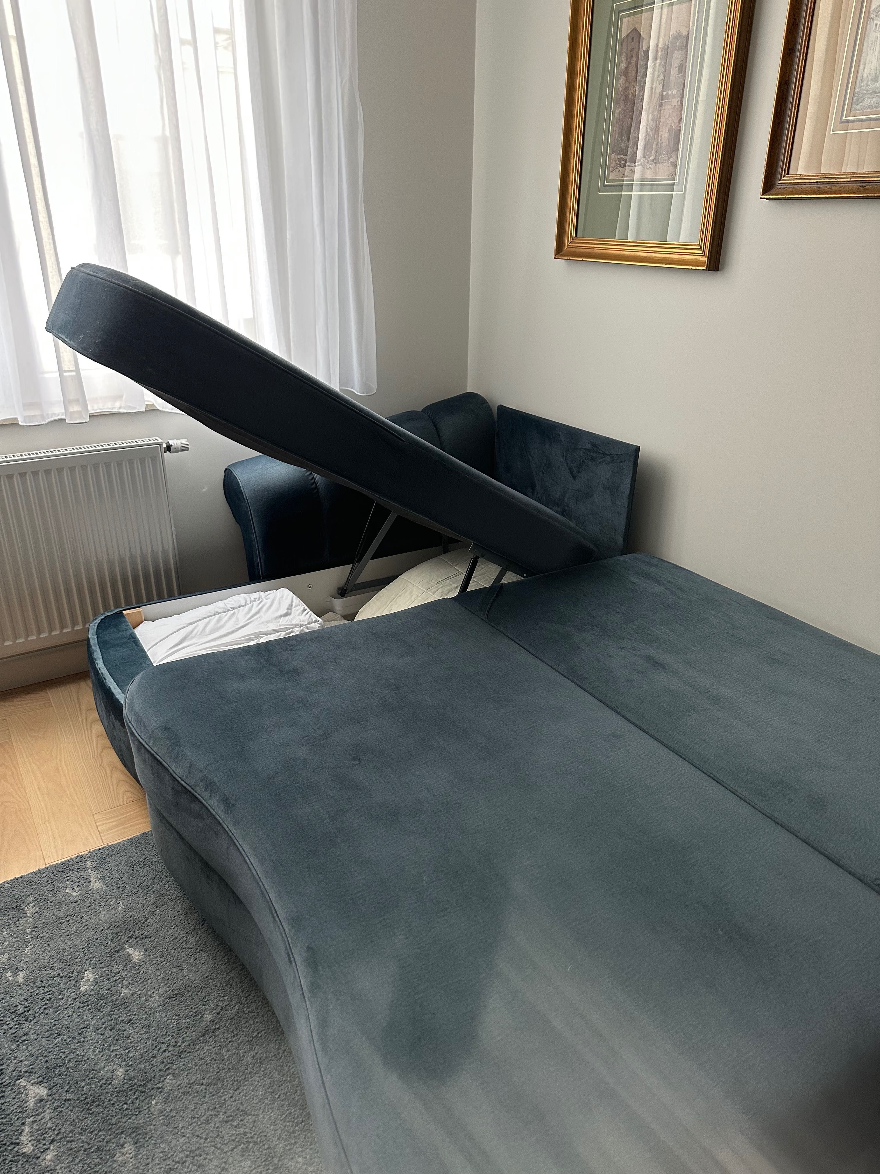 Sofa narożna, z możliwością spania, welurowa zielono-granatowa