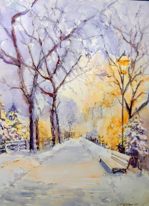 Akwarela plus tusz, pejzaż zimowy