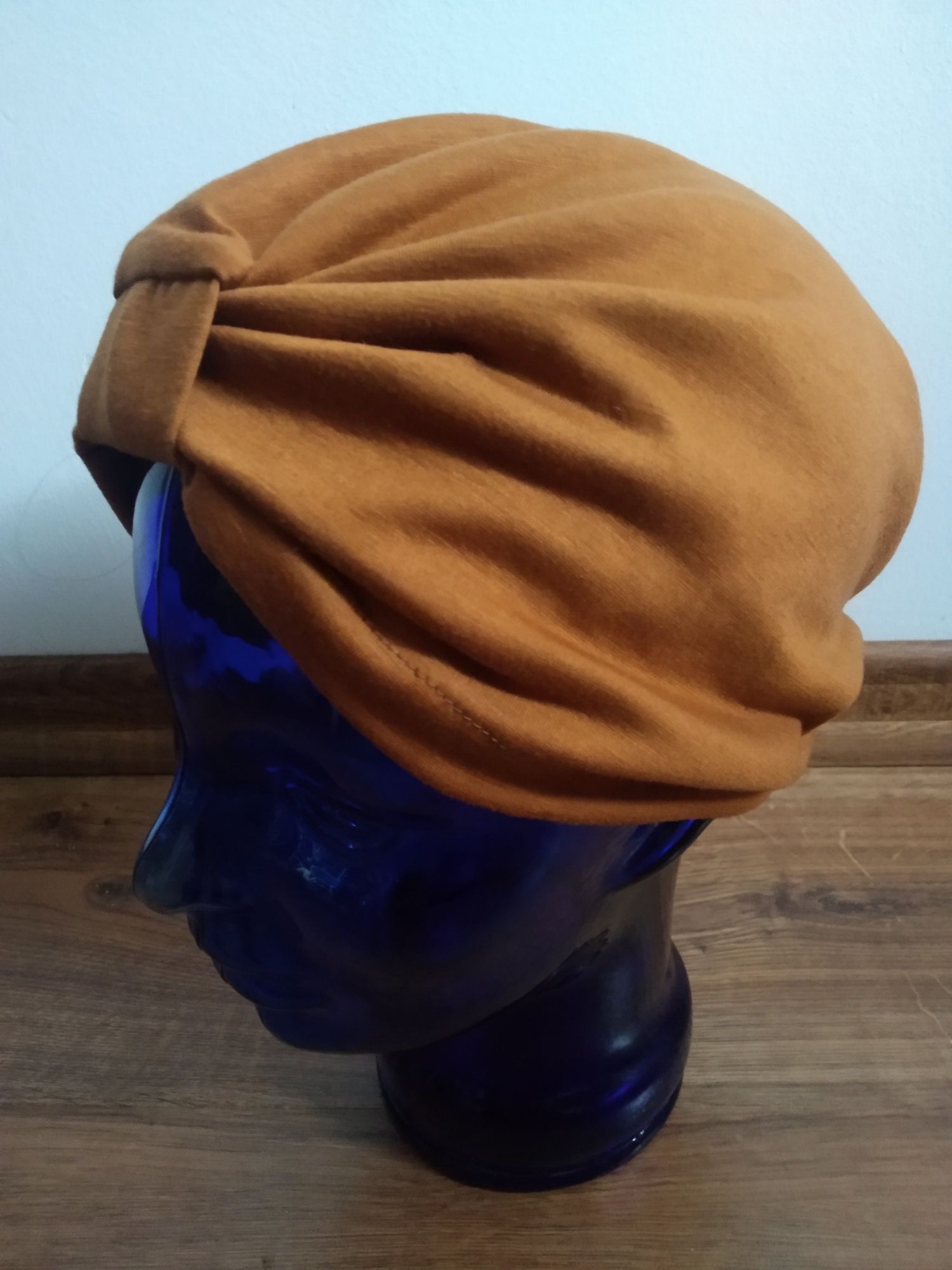 Rudy brązowy musztardowy turban czapka kapelusz czepek