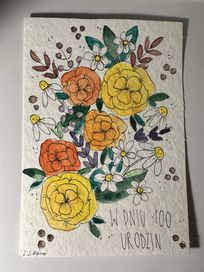 Kartka urodzinowa kwiaty 100 lat boho aestetic