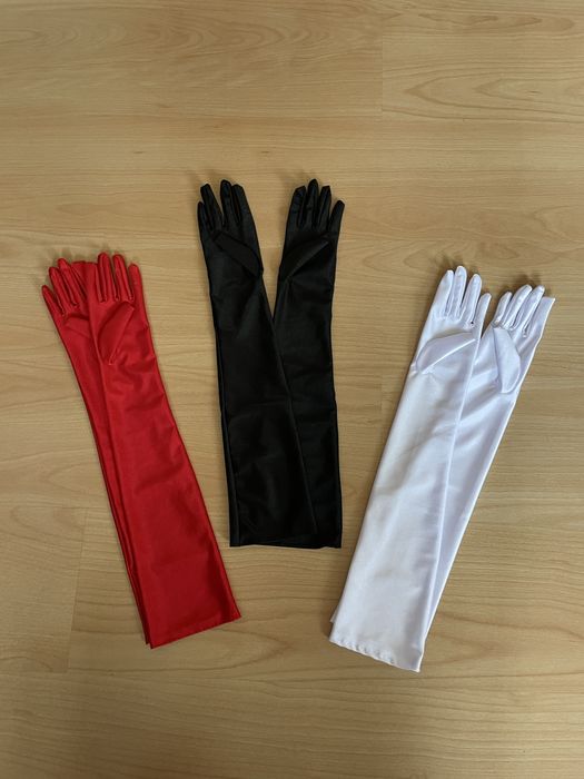 Сатинові чорні/білі/червоні довгі рукавички для фото/образу/сцени