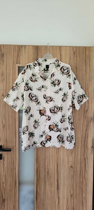 Kremowa męska koszula hawajska kokosy wiskoza H&M, roz XL