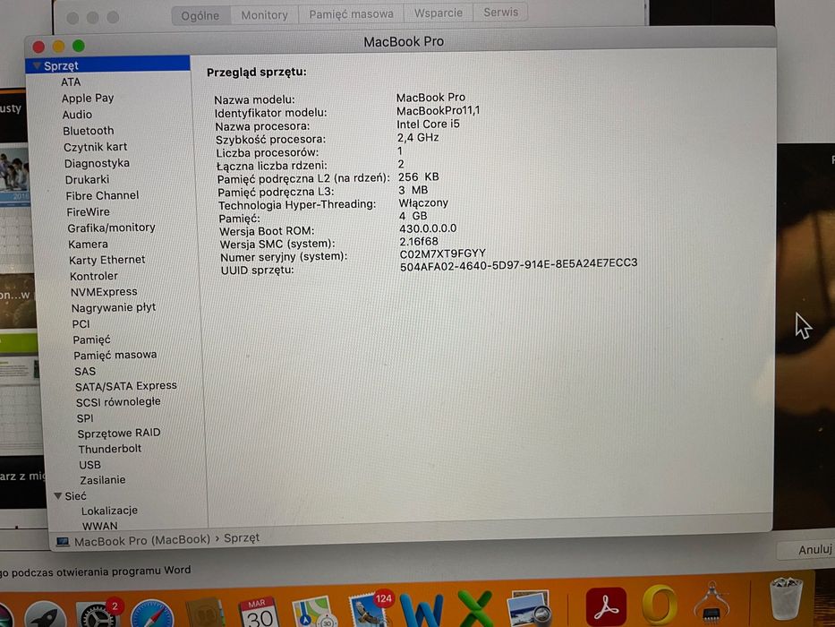 MacBook Pro 13’’ i5 / 4GB RAM / SSD 128GB – sprawny, stan bardzo dobry
