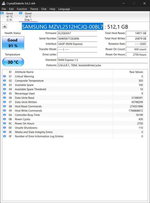 SSD 512Gb M.2 2280 NVMe PCIe 4.0x4 Samsung PM9A1 MZ-VL25120 91%