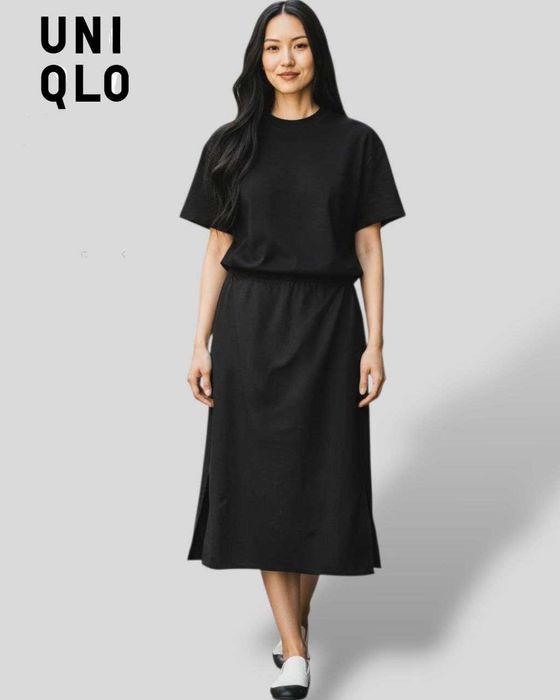 Стильная чёрная юбка миди Uniqlo с разрезами, р. S