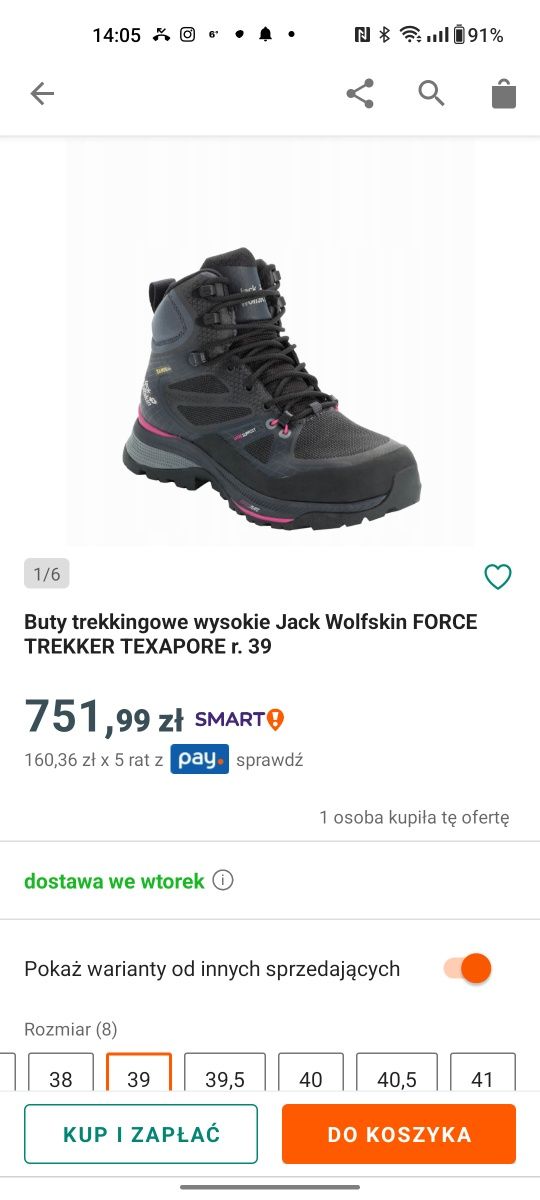 Buty trekkingowe wysokie Jack Wolfskin FORCE TREKKER TEXAPORE r. 39