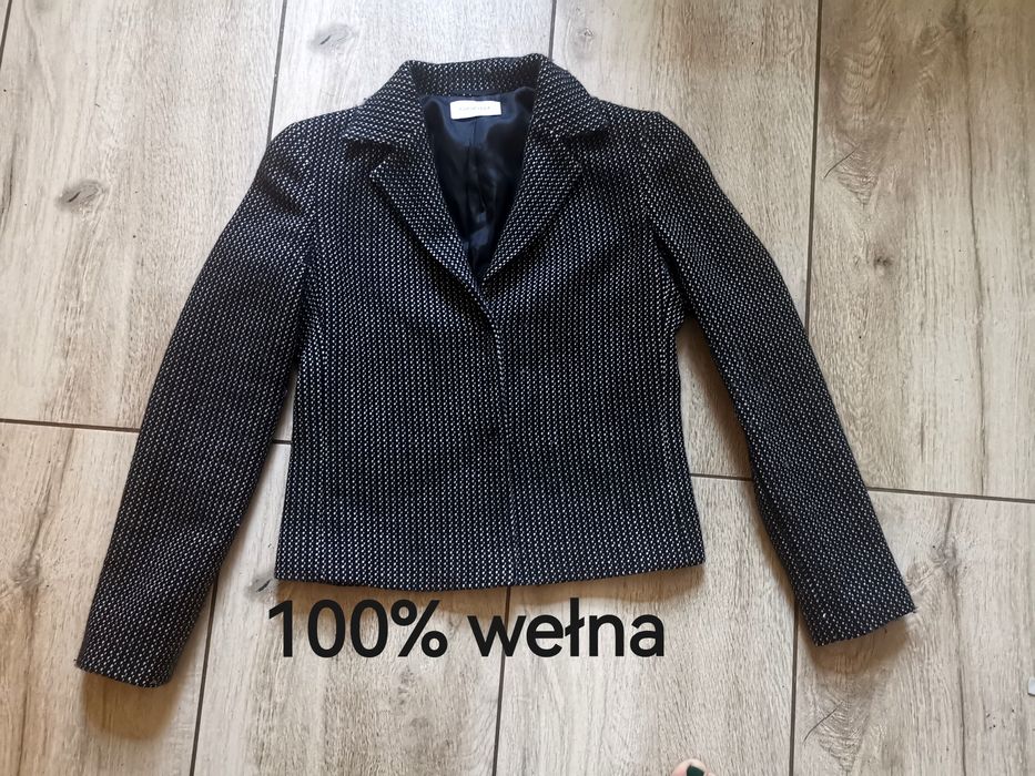 Elegancki żakiet marynarka 100% wełna biało czarny dese Caractere M 38