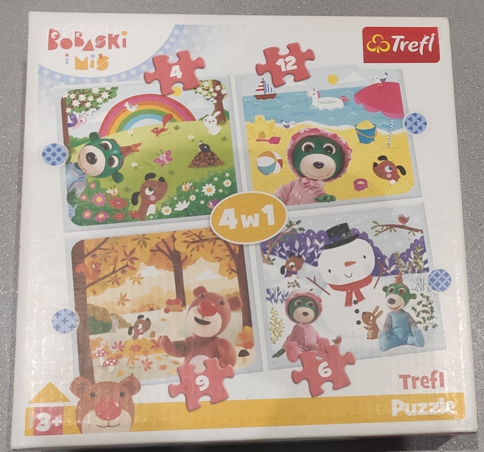 Puzzle Bobaski i miś. TREFL. Pory roku. 4 w 1. Plus gratis puzzle Kat.