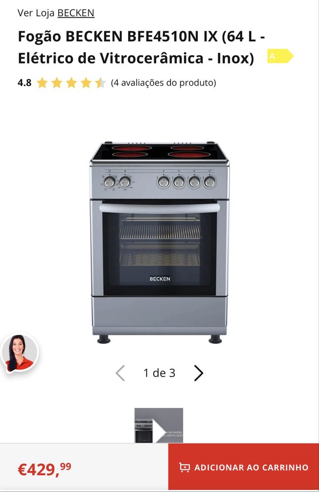 Fogão BECKEN BFE4510N IX (64 L - Elétrico de Vitrocerâmica - Inox)